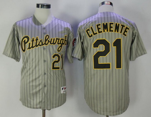 Men's Pittsburgh Pirates #21 Roberto Clemente Gray Pinstripe 1997 Throwback Turn Back The Clock MLB Majestic Collection Jersey