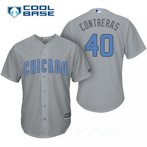 Men's Chicago Cubs #40 Willson Contreras Gray with Baby Blue Father's Day Stitched MLB Majestic Cool Base Jersey