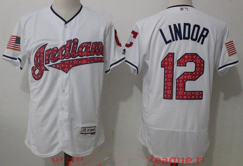 Men's Cleveland Indians #12 Francisco Lindor White 2017 Stars & Stripes Stitched MLB Majestic Flex Base Jersey