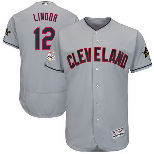 Men's Cleveland Indians #12 Francisco Lindor Majestic Gray 2017 MLB All-Star Game Worn Stitched MLB Flex Base Jersey