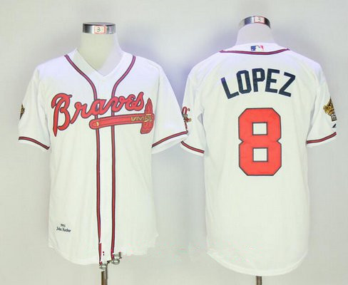 Men's Atlanta Braves #8 Javy Lopez White Home Throwback 1995 World Series with 30th Patch Stitched MLB Mitchell & Ness Jersey