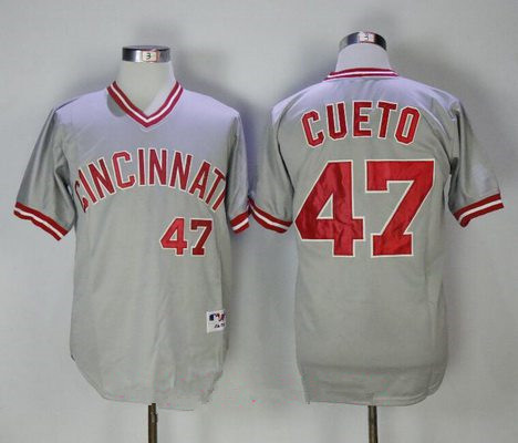 Men's Cincinnati Reds #47 Johnny Cueto Gray Pullover 2013 Cooperstown Collection Stitched MLB Majestic Jersey