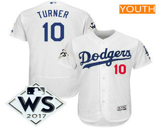 Youth Los Angeles Dodgers Justin Turner Majestic White 2017 World Series Patch Flex Base Player Jersey