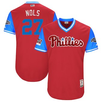 Men's Philadelphia Phillies 27 Aaron Nola Nols Majestic Scarlet 2018 MLB Little League Classic Authentic Jersey