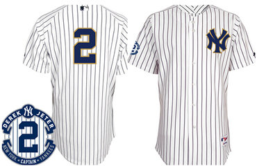 New York Yankees #2 Derek Jeter White With Navy Blue Retirement Patch Jersey