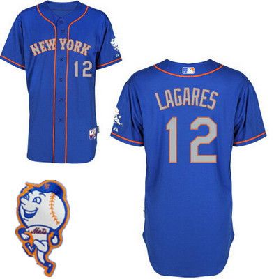 Men's New York Mets #12 Juan Lagares Blue With Gray Jersey W/2015 Mr. Met Patch