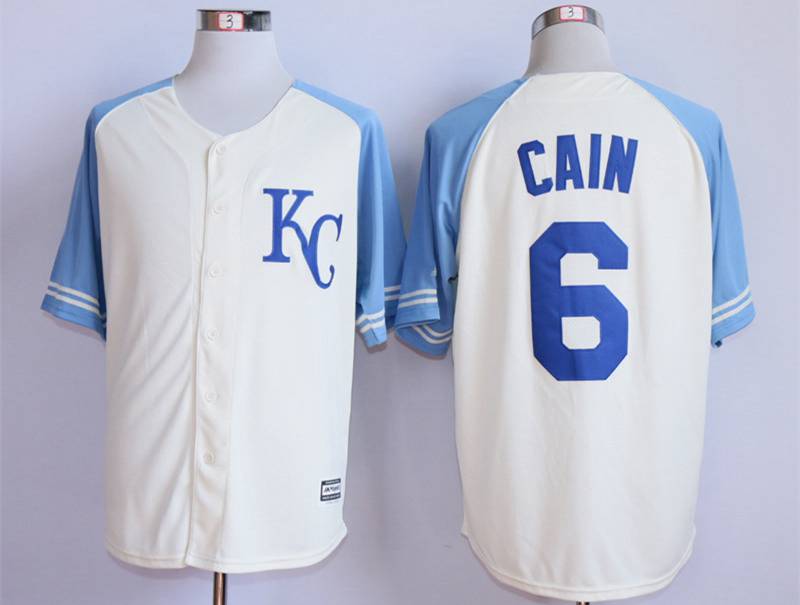 Men's Kansas City Royals #6-Lorenzo-Cain-Cream-New-Cool-Base-Jersey