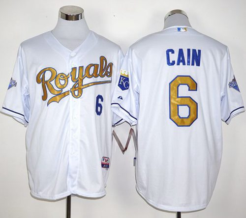 Royals #6 Lorenzo Cain White 2015 World Series Champions Gold Program Stitched MLB Jersey