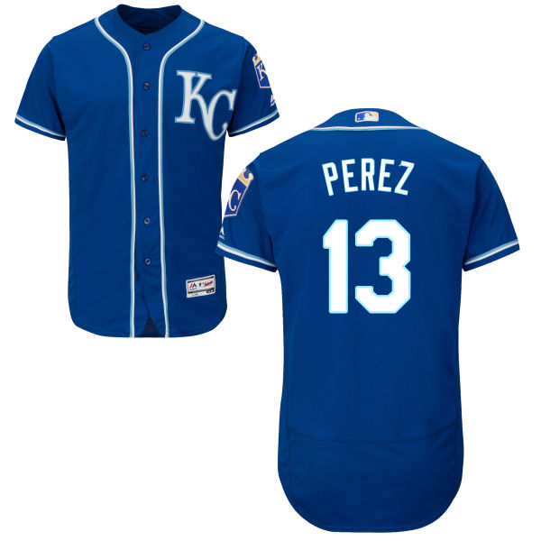 Men's Kansas City Royals #13 Salvador Perez Navy Blue KC 2016 Flexbase Majestic Baseball Jersey