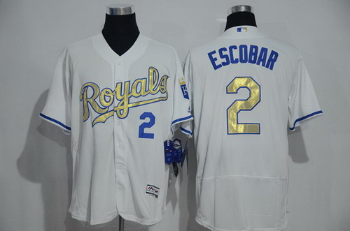 Men's Kansas City Royals #2 Alcides Escobar White World Series Champions Gold Program FlexBase Player Jersey