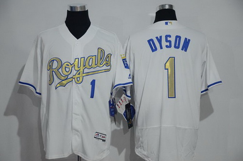 Men's Kansas City Royals #1 Jarrod Dyson Majestic White World Series Champions Gold Program FlexBase Player Jersey