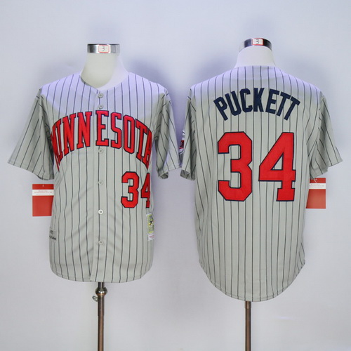 Men's Minnesota Twins #34 Kirby Puckett Retired 1987 Gray Pinstirpe Mitchell & Ness Throwback Jersey