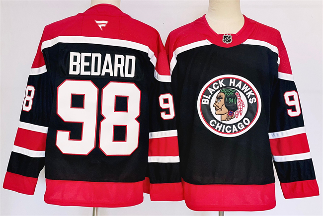 Men's Chicago Blackhawks #98 Connor Bedard Black 2024-25 Stitched Hockey Jersey