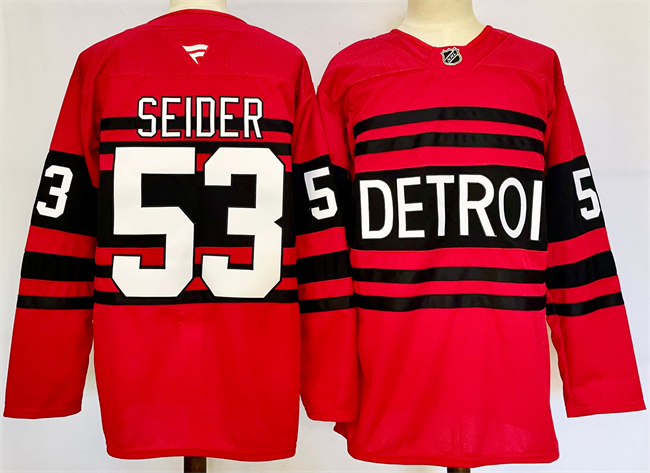 Men's Detroit Red Wings 53 Moritz Seider Red 2024-25 Reverse Retro Stitched Jersey