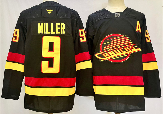 Men's Vancouver Canucks #9 J.T. Miller Black 2024-25 With A Patch Alternate Stitched Hockey Jersey