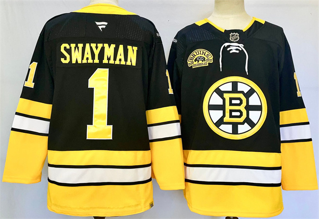 Men's Boston Bruins #1 Jeremy Swayman Black 100th Anniversary Stitched Hockey Jersey