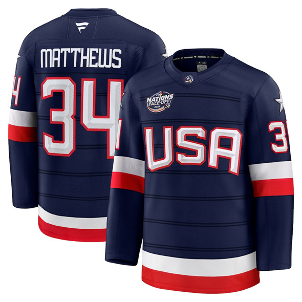 Men's USA #34 Auston Matthews Navy 2025 4 Nations Stitched Jersey