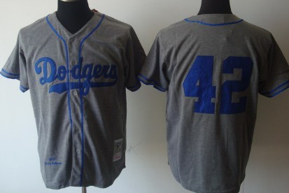 Los Angeles Dodgers #42 Jackie Robinson 1955 Gray Wool Throwback Jersey