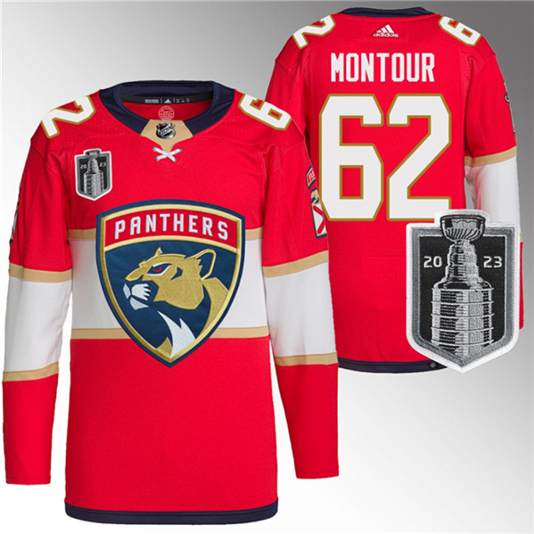 Men's Florida Panthers #62 Brandon Montour Red 2023 Stanley Cup Final Stitched Jersey