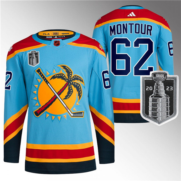 Men's Florida Panthers #62 Brandon Montour Blue 2023 Stanley Cup Final Reverse Retro Stitched Jersey