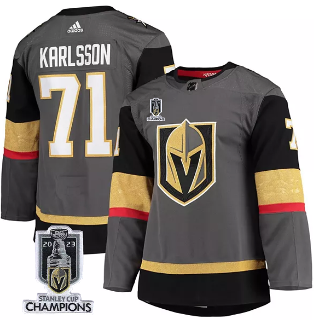 Men's Vegas Golden Knights #71 William Karlsson Gray 2023 Stanley Cup Champions Stitched Jersey