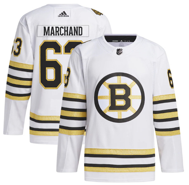 Men's Boston Bruins #63 Brad Marchand White 100th Anniversary Primegreen Stitched Jersey