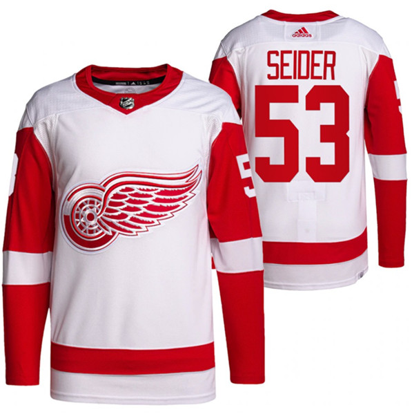 Men's Detroit Red Wings #53 Moritz Seider White Stitched Jersey