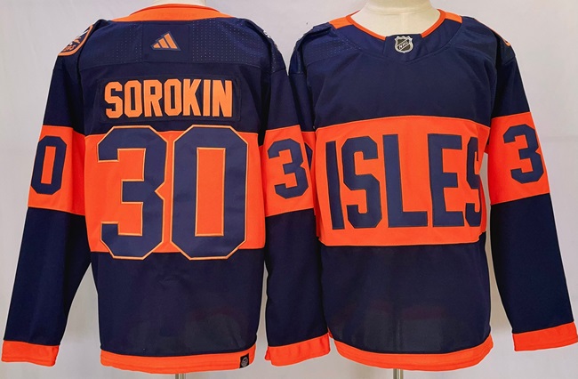 Men's New York Islanders #30 Ilya Sorokin Navy 2024 With Stadium Series Patch Stitched Jersey