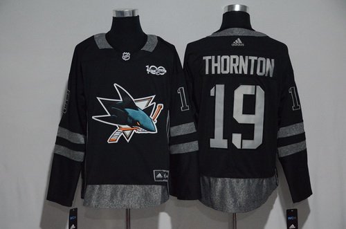 Men's San Jose Sharks #19 Joe Thornton Black 100th Anniversary Stitched NHL 2017 adidas Hockey Jersey