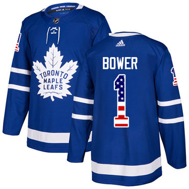 Adidas Maple Leafs #1 Johnny Bower Blue Home Authentic USA Flag Stitched NHL Jersey