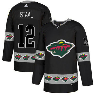 Men's Minnesota Wild #12 Eric Staal Black Team Logos Fashion Adidas Jersey