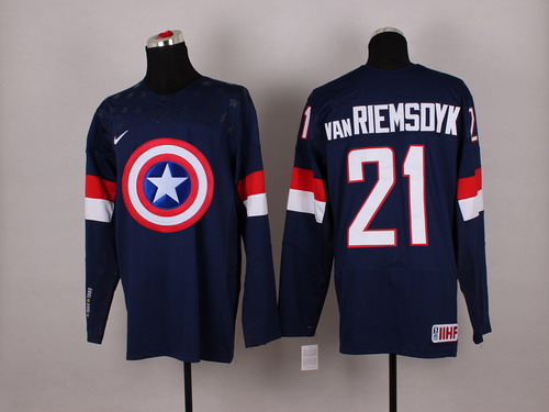 2015 Men's Team USA #21 James van Riemsdyk Captain America Fashion Navy Blue Jersey