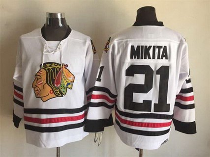 Men's Chicago Blackhawks #21 Stan Mikita White CCM Vintage Throwback Jersey