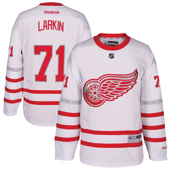 Men's Detroit Red Wings #71 Dylan Larkin Reebok White 2017 Centennial Classic Premier Player Jersey