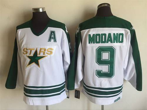 Men's Dallas Stars #9 Mike Modano 1993 White CCM Throwback Stitched Vintage Hockey Jersey