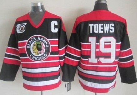 Chicago Blackhawks #19 Jonathan Toews Black Pinstripe 75TH Throwback CCM Jersey