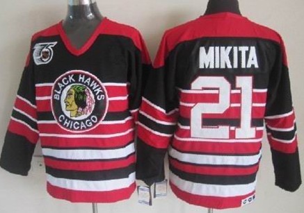 Chicago Blackhawks #21 Stan Mikita Black Pinstripe 75TH Throwback CCM Jersey