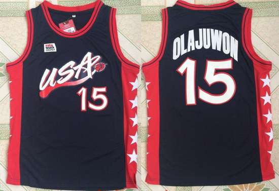 1996 Olympics Team USA Men's #15 Hakeem Olajuwon Navy Blue Stitched Basketball Swingman Jersey