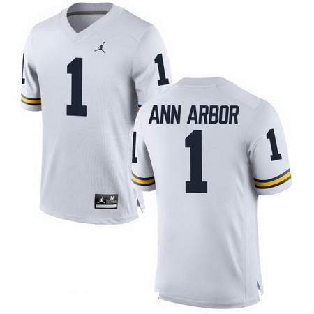 Men's Michigan Wolverines #1 Ann Arbor White Stitched College Football Brand Jordan NCAA Jersey