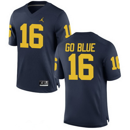 Men's Michigan Wolverines #16 GO BLUE Navy Blue Stitched College Football Brand Jordan NCAA Jersey