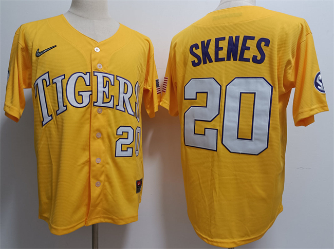 Men's LSU Tigers #20 Paul Skenes Gold 2023 Stitched Baseball Jersey