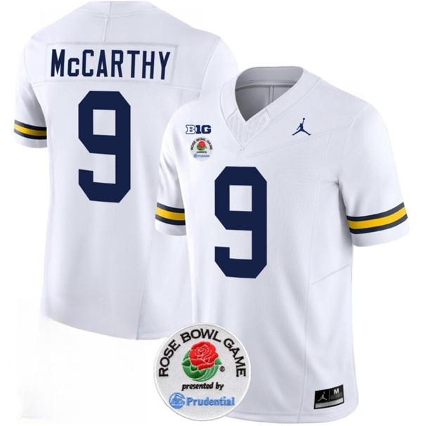 Men's Michigan Wolverines #9 J.J. McCarthy 2023 F.U.S.E. White Rose Bowl Patch Stitched Jersey