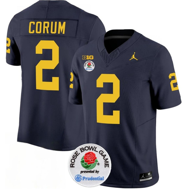 Men's Michigan Wolverines #2 Blake Corum 2023 F.U.S.E. Navy Blue Rose Bowl Patch Stitched Jersey