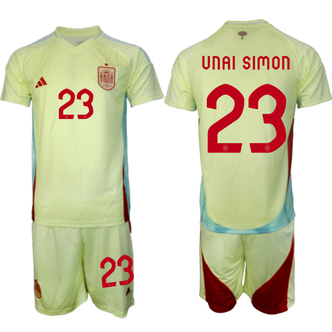 Men's Spain Team #23 Unai Simón 2024-25 Yellow Away Soccer Jersey Suit