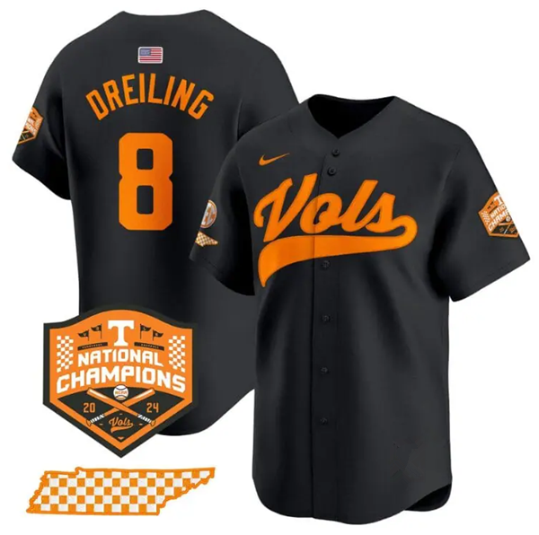 Men's Tennessee Volunteers #8 Dylan Dreiling Black 2024 Champions Vapor Limited Baseball Stitched Jersey