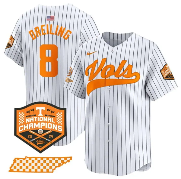 Men's Tennessee Volunteers #8 Dylan Dreiling Pinstripe 2024 Champions Vapor Limited Baseball Stitched Jersey