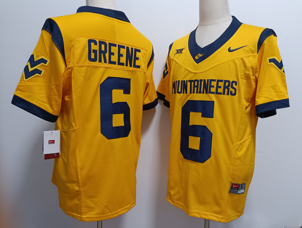 Men's West Virginia Mountaineers #6 Garrett Greene Yellow FUSE College Stitched Jersey