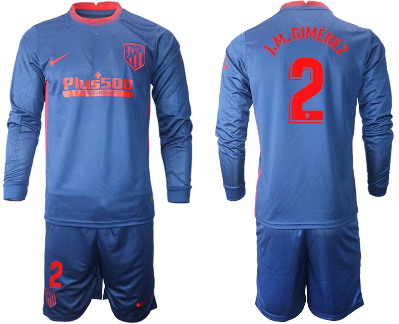 Men 2020-2021 club Atletico Madrid away long sleeves 2 blue Soccer Jerseys