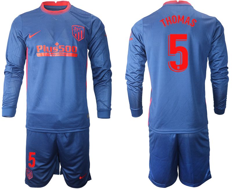 Men 2020-2021 club Atletico Madrid away long sleeves 5 blue Soccer Jerseys