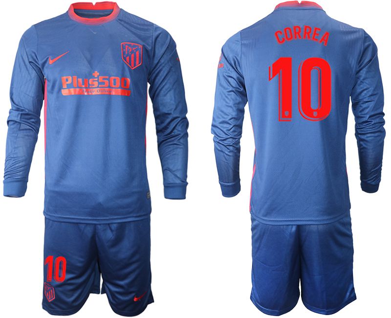 Men 2020-2021 club Atletico Madrid away long sleeves 10 blue Soccer Jerseys